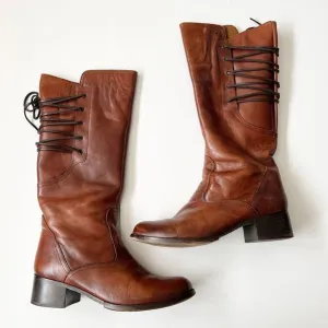 Y2K Brown Leather Riding Boots Tall Western Corset Tie Steve Madden Festival 10