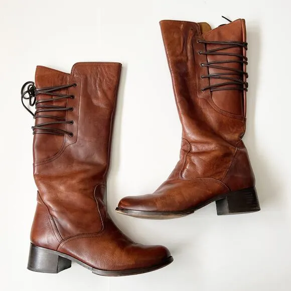 Y2K Brown Leather Riding Boots Tall Western Corset Tie Steve Madden Festival 10