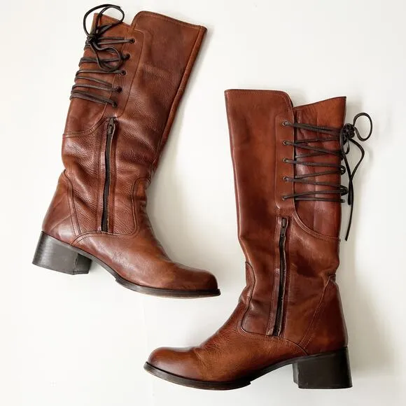 Y2K Brown Leather Riding Boots Tall Western Corset Tie Steve Madden Festival 10