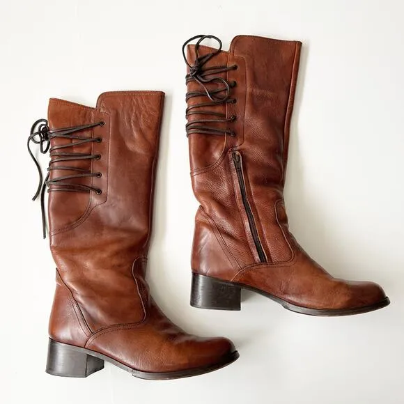 Y2K Brown Leather Riding Boots Tall Western Corset Tie Steve Madden Festival 10
