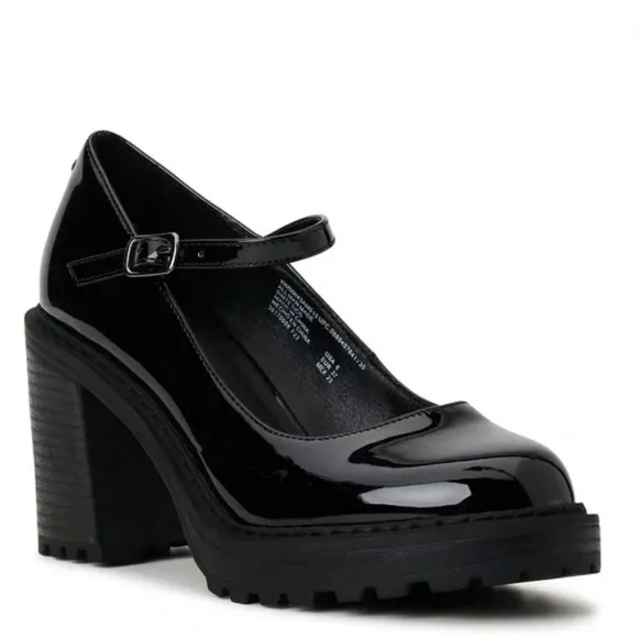 Y2K Chunky Madden NYC Steve Madden Sz 8 Black Patent Block Heel Mary Jane Shoes