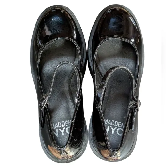 Y2K Chunky Madden NYC Steve Madden Sz 8 Black Patent Block Heel Mary Jane Shoes