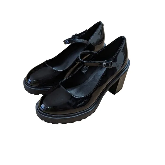 Y2K Chunky Madden NYC Steve Madden Sz 8 Black Patent Block Heel Mary Jane Shoes