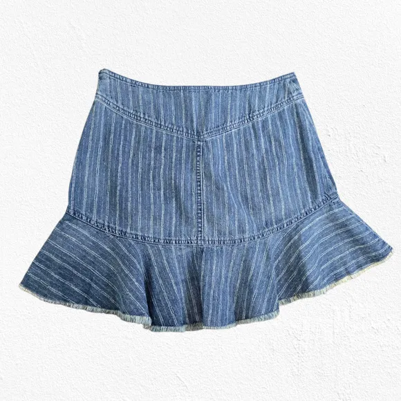 Y2K Free People Lace-Up Denim Mini Skirt Size 4 Blue Stripe Flounce Hem Boho