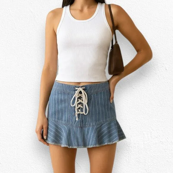 Y2K Free People Lace-Up Denim Mini Skirt Size 4 Blue Stripe Flounce Hem Boho