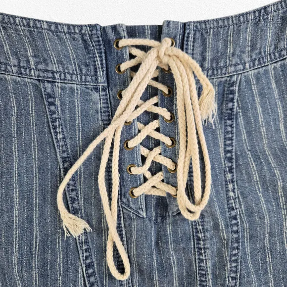 Y2K Free People Lace-Up Denim Mini Skirt Size 4 Blue Stripe Flounce Hem Boho