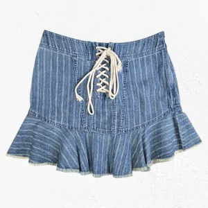 Y2K Free People Lace-Up Denim Mini Skirt Size 4 Blue Stripe Flounce Hem Boho