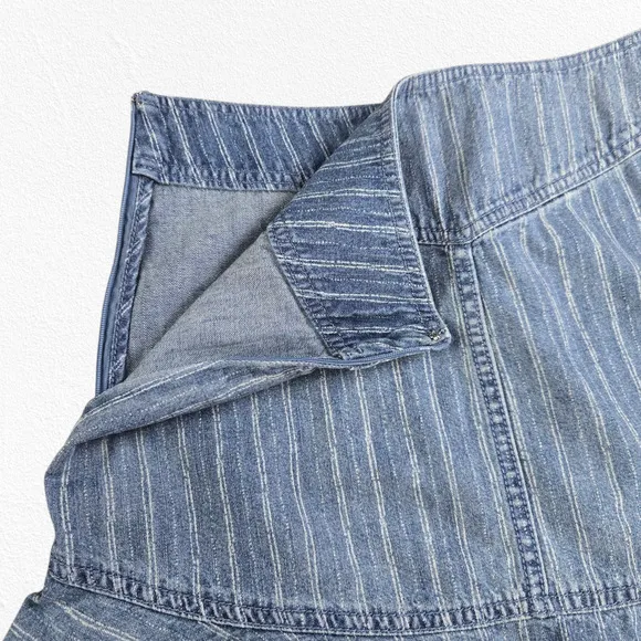Y2K Free People Lace-Up Denim Mini Skirt Size 4 Blue Stripe Flounce Hem Boho