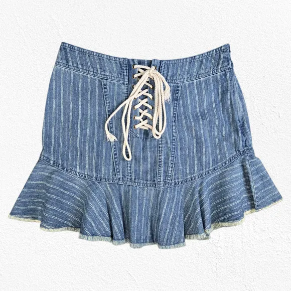 Y2K Free People Lace-Up Denim Mini Skirt Size 4 Blue Stripe Flounce Hem Boho