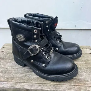 Y2K Harley Davidson Black Moto Lace Up Buckle Boots Size 9 Style 81024