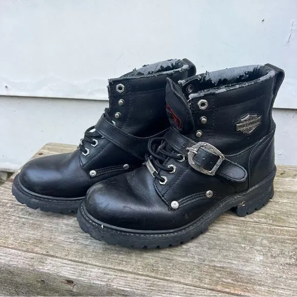 Y2K Harley Davidson Black Moto Lace Up Buckle Boots Size 9 Style 81024