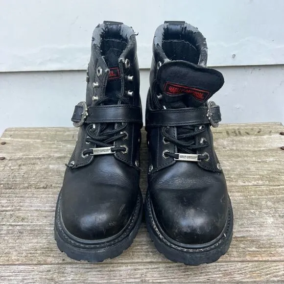 Y2K Harley Davidson Black Moto Lace Up Buckle Boots Size 9 Style 81024