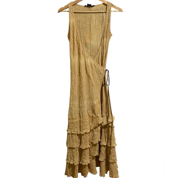 Y2K Ralph Lauren Tan Boho Tiered Ruffle Wrap Maxi Dress