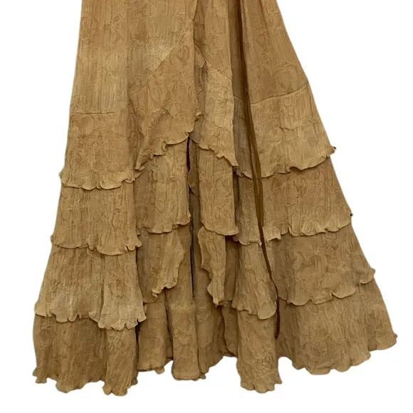 Y2K Ralph Lauren Tan Boho Tiered Ruffle Wrap Maxi Dress