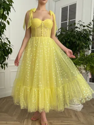 Yellow sweetheart neck tulle short prom dress, yellow evening dress