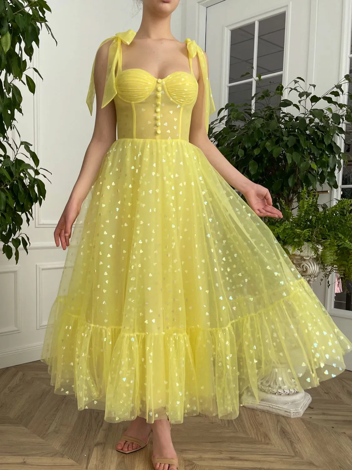 Yellow sweetheart neck tulle short prom dress, yellow evening dress