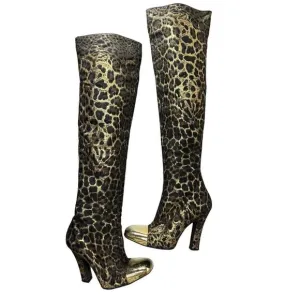 YSL vtg Over knee Leopard heel boots Gold metallic toe sz 39