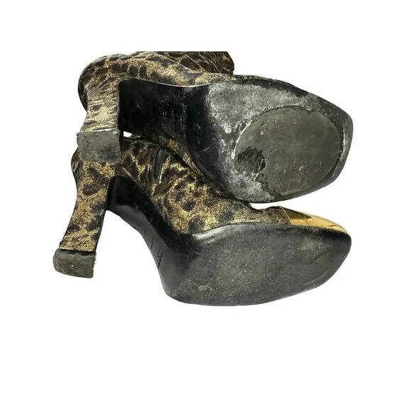 YSL vtg Over knee Leopard heel boots Gold metallic toe sz 39