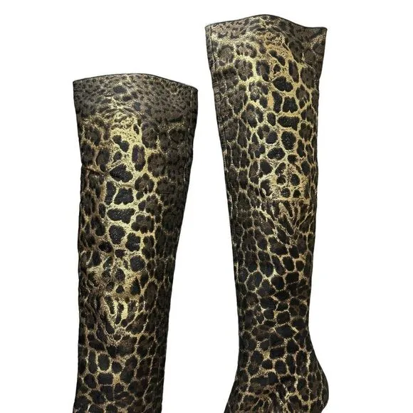 YSL vtg Over knee Leopard heel boots Gold metallic toe sz 39