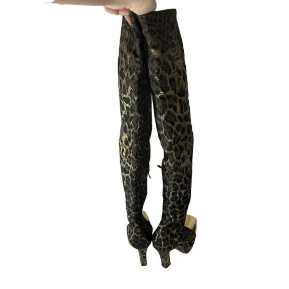 YSL vtg Over knee Leopard heel boots Gold metallic toe sz 39