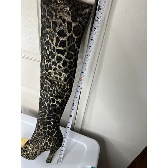 YSL vtg Over knee Leopard heel boots Gold metallic toe sz 39