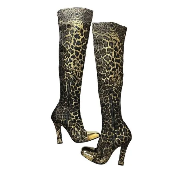 YSL vtg Over knee Leopard heel boots Gold metallic toe sz 39
