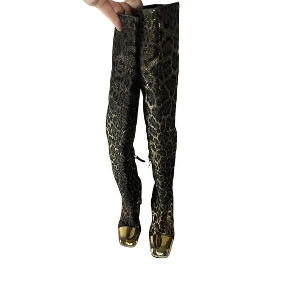 YSL vtg Over knee Leopard heel boots Gold metallic toe sz 39