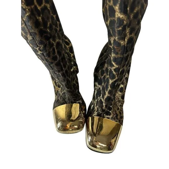 YSL vtg Over knee Leopard heel boots Gold metallic toe sz 39