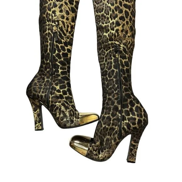 YSL vtg Over knee Leopard heel boots Gold metallic toe sz 39