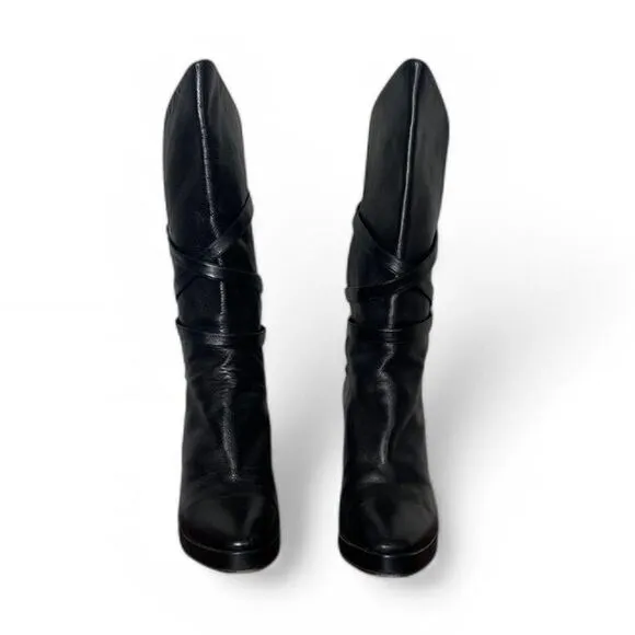 Yves Saint Laurent Black Leather Wrap Buckle Mid-Calf Heeled Boots Size 6