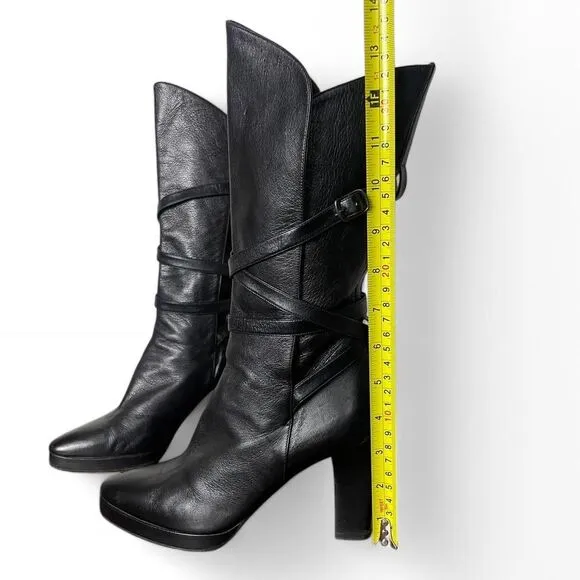 Yves Saint Laurent Black Leather Wrap Buckle Mid-Calf Heeled Boots Size 6