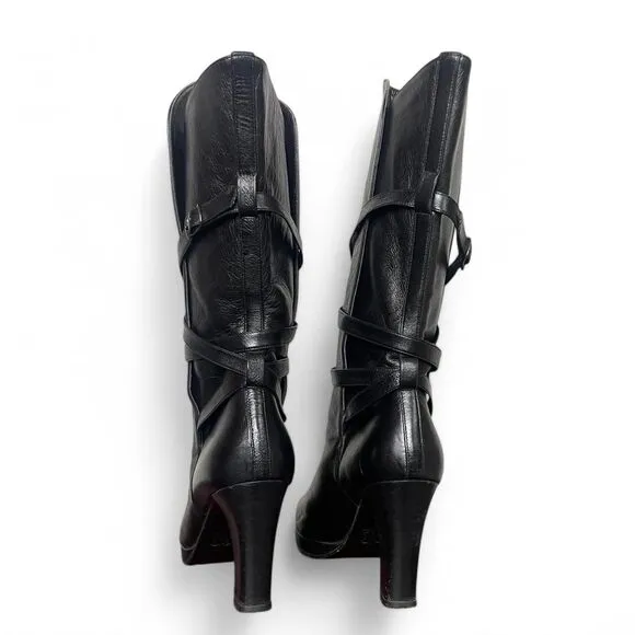 Yves Saint Laurent Black Leather Wrap Buckle Mid-Calf Heeled Boots Size 6