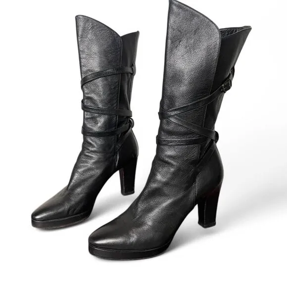 Yves Saint Laurent Black Leather Wrap Buckle Mid-Calf Heeled Boots Size 6