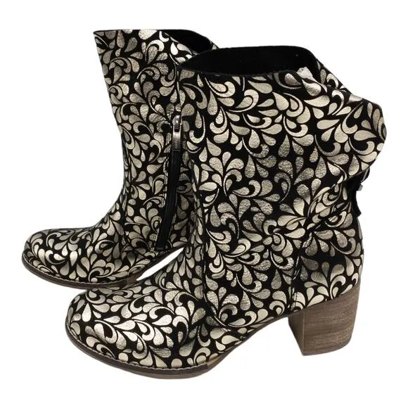 ZAPATO Black Gold Metallic Buckle Stacked Heel Leather Ankle Boots 7 Women's