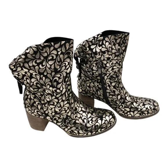 ZAPATO Black Gold Metallic Buckle Stacked Heel Leather Ankle Boots 7 Women's