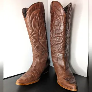 Zara 37 vintage brown leather pointed toe calf high embroidered western boots