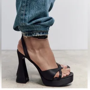 Zara Black Block Chunky Platform Heel Sandals