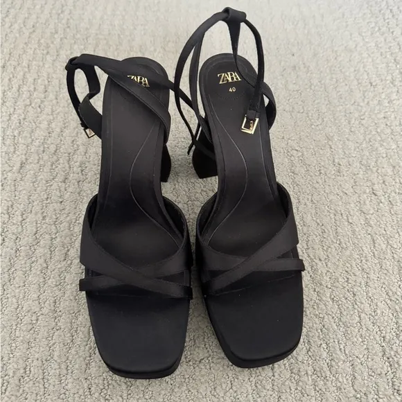 Zara Black Block Chunky Platform Heel Sandals