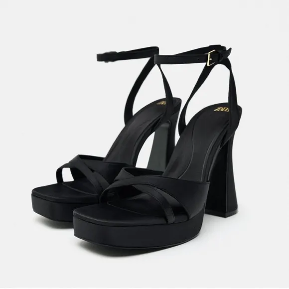 Zara Black Block Chunky Platform Heel Sandals