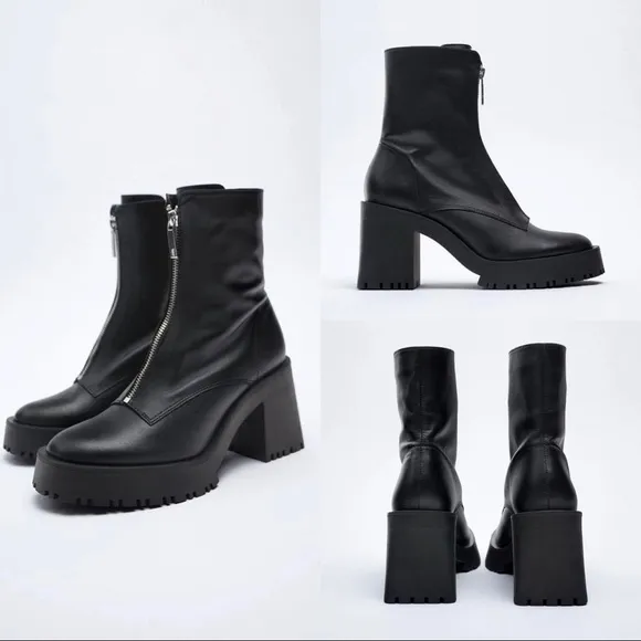 Zara Black Leather Chunky Front Exposed Zipper 90s Style Ankle Lug Y2K Boots