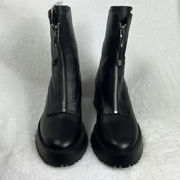 Zara Black Leather Chunky Front Exposed Zipper 90s Style Ankle Lug Y2K Boots