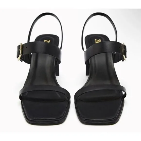 Zara Black Leather Minimalist High Heels Sandals Shoes Size 10