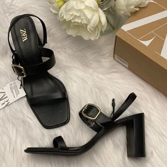 Zara Black Leather Minimalist High Heels Sandals Shoes Size 10
