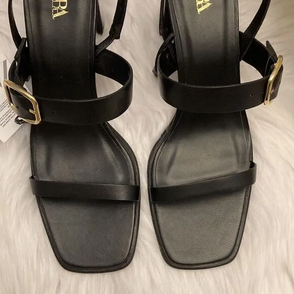 Zara Black Leather Minimalist High Heels Sandals Shoes Size 10