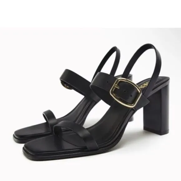 Zara Black Leather Minimalist High Heels Sandals Shoes Size 10