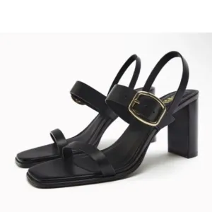 Zara Black Leather Minimalist High Heels Sandals Shoes Size 10
