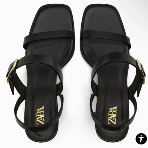Zara Black Leather Minimalist High Heels Sandals Shoes Size 9