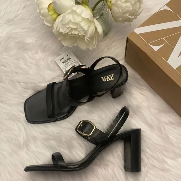 Zara Black Leather Minimalist High Heels Sandals Shoes Size 9
