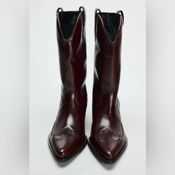 Zara burgundy leather western boots cowboy cowgirl boho ankle shoes