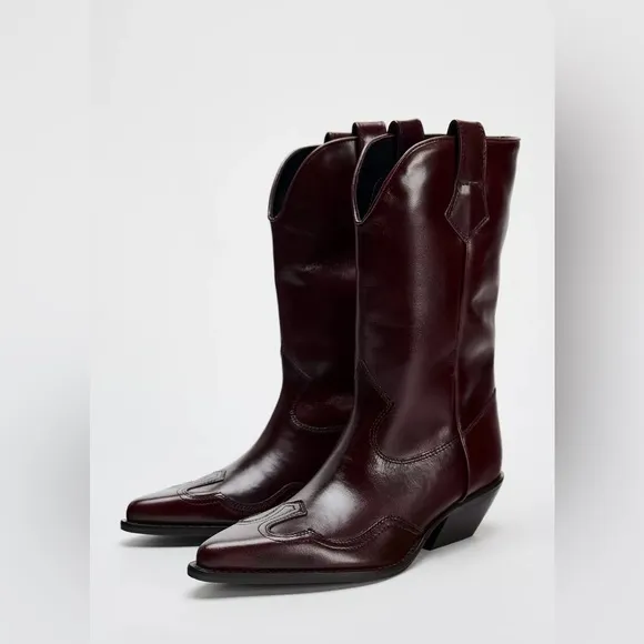 Zara burgundy leather western boots cowboy cowgirl boho ankle shoes